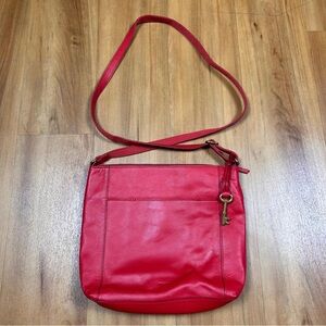 Fossil Emma North South Crossbody Bag Red Leather Purse Key Charm Detach Strap